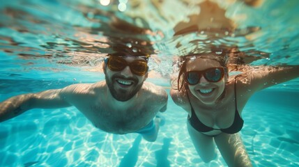 Underwater portrait of happy lovely couple in swimming pool.