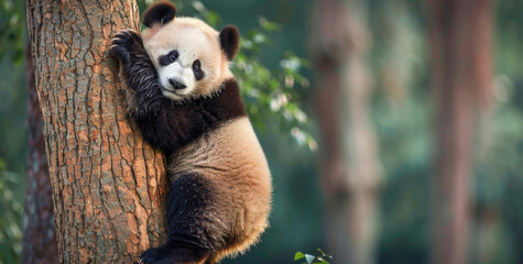 Fototapeta premium A panda bear on tree in wild forest.