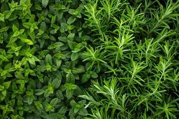 Fresh rosemary bush with peppermint shoots below and space for text above in picture