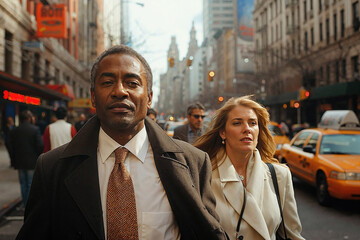 Fototapeta premium A man and a woman walk down a city street