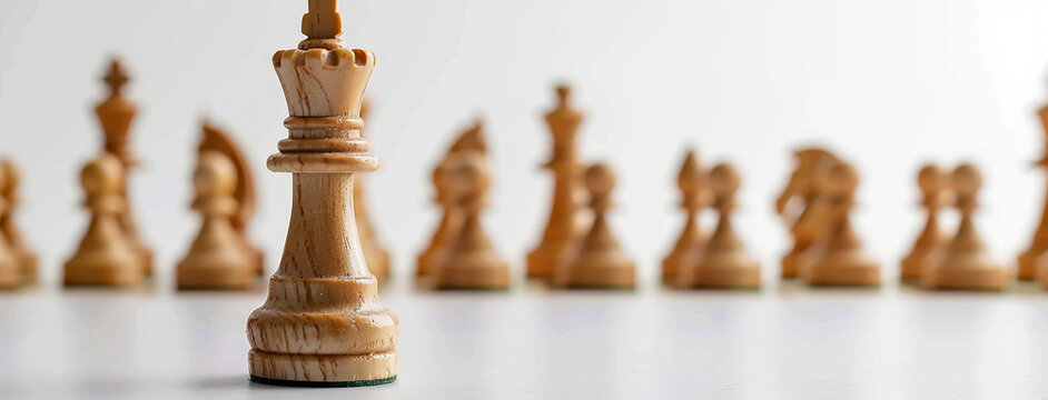 wide detailed closeup background banner photo of wooden chess pieces set with white copy space 