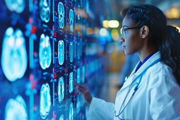 An African American female radiologist in a white coat analyzes brain scans on a large digital screen in a dimly lit medical center.