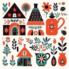 Obraz premium Vibrant folk art illustration featuring houses, flowers, trees and plants in a village setting with bold colors and patterns on a white background 