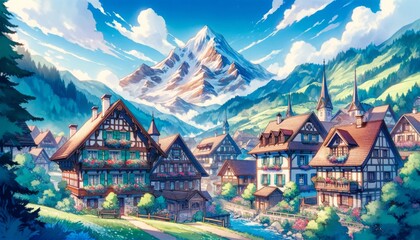 Obraz premium A fantasy village with mountain background under blue sky, the charming cottages add serene beauty.