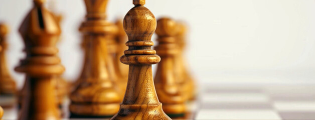 wide detailed closeup background banner photo of wooden chess pieces set with white copy space 