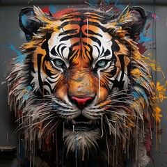 Close-up painting of a tiger with vivid colors and artistic detailed 