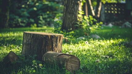 Wood chopping log placed on the grass