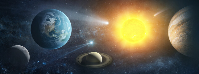 Sun, planet Earth , galaxies, stars, comet, asteroid, meteorite, nebula. Space panorama of the universe. Elements of this image furnished by NASA © Tryfonov