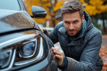 Man polishing a car on an autumn day
