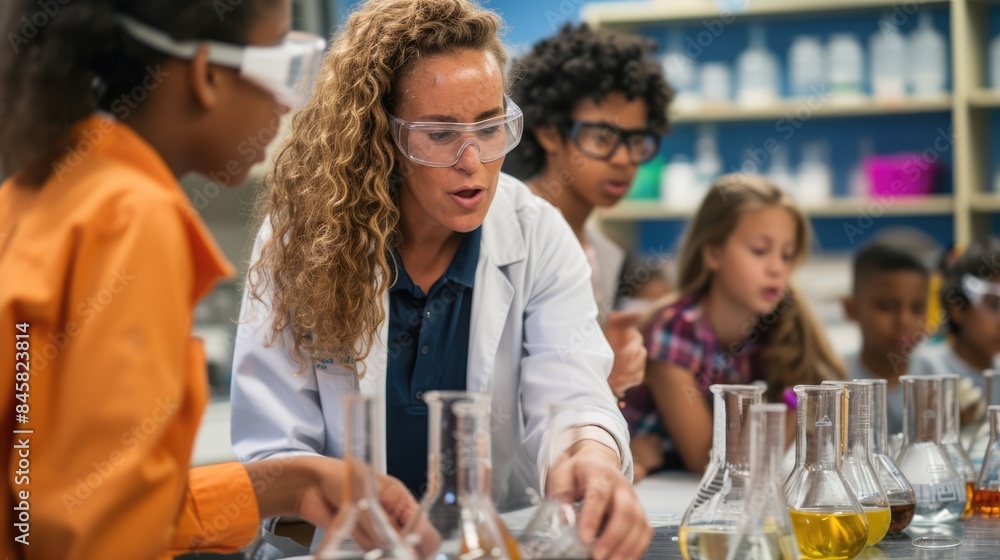 Poster a fun event is taking place in a lab where a group of children are conducting a science experiment, 