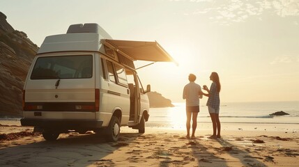 A lovely couple with vintage camper van at sea beach in summer vacation
