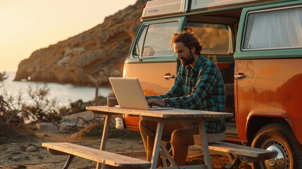 A male working on laptop computer with vintage camper van at sea beach in summer vacation