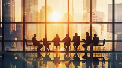 Group of diverse business professionals collaborating in modern conference room with digital devices and presentation screen, engaging in productive meeting and strategic planning