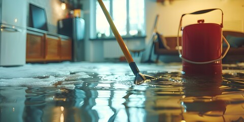 Mopping flooded room with electrical hazards due to water damage from snowmelt. Concept Water Damage Cleanup, Electrical Hazards, Flooded Room, Snowmelt Damage, Mopping Techniques