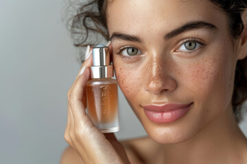 Fototapeta premium Glowing Beauty - Woman with Radiant Skin Holding Facial Serum Bottle in Natural Light