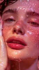 Fototapeta premium Radiant Woman with Glowing Skin Applying Refreshing Rose Water Mist for Skincare Routine
