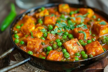 Indian Aloo Matar Paneer made with potatoes green peas and cottage cheese in a spicy curry