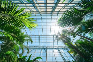 Interior of a glass greenhouse with tropical plants in a botanical garden viewed from beneath a glass roof