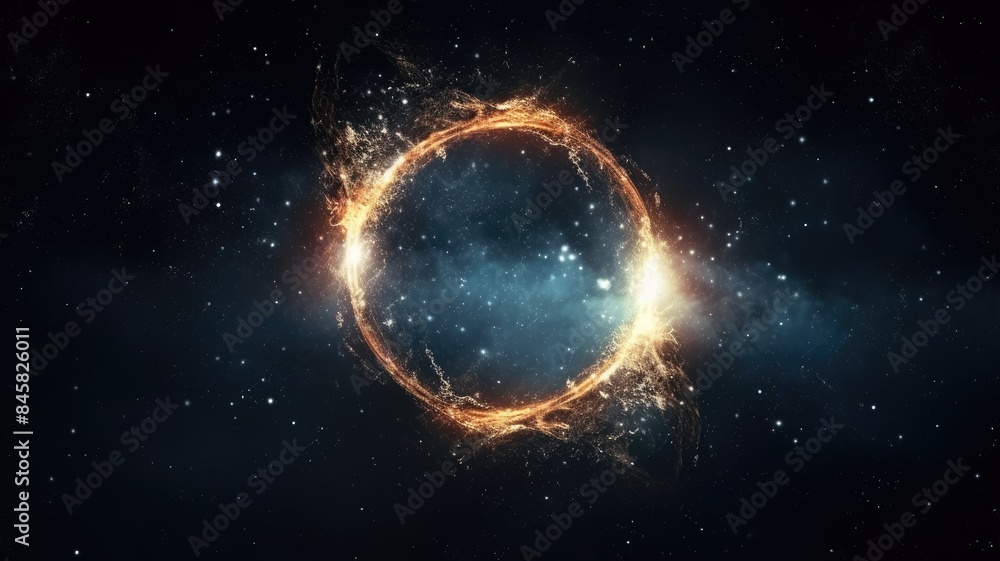 Poster abstract of mysterious geometric shape portal or frame with nebula light release particle or plasma 