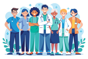 Obraz premium A group of seven healthcare professionals, including doctors, nurses, and other medical staff, stand together in a united front. They represent diversity and teamwork in healthcare.