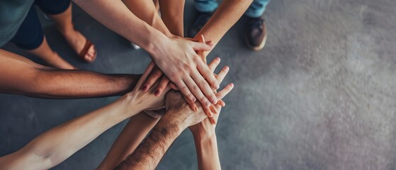 Close up of young people's hands together in a team huddle on a grey background, from a top view