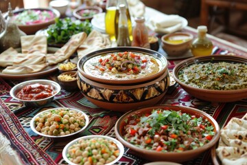 Many different types of food on the table, arabic traditional meal