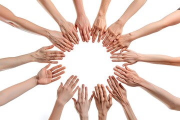 Closeup of multiple hands forming a circle, symbolizing unity and support against a white background with a clipping path