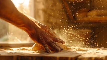 Artisanal Baking: Close-up of Hands Kneading Dough with Soft Natural Light from Window