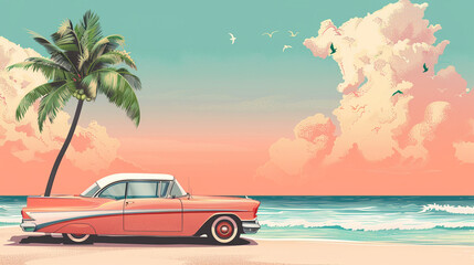 Beautiful vector illustration of tropical beach with vintage car for poster greeting card design