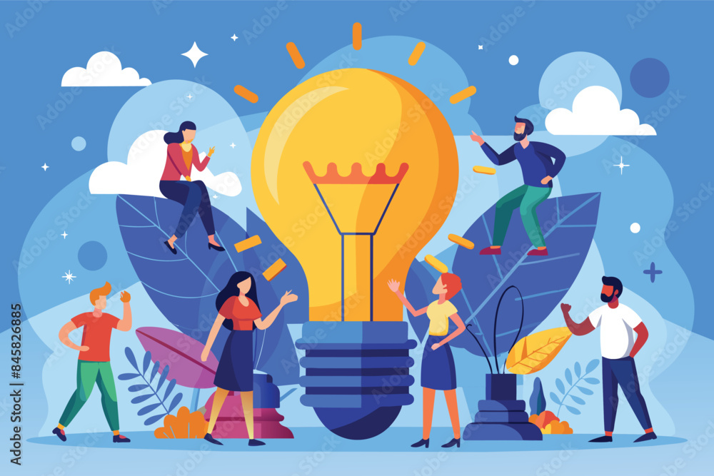 Poster a diverse group of cartoon characters are collaborating around a giant lightbulb, symbolizing their 