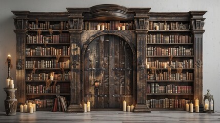 vintage studio photo backdrop with shelves full of books and candles 