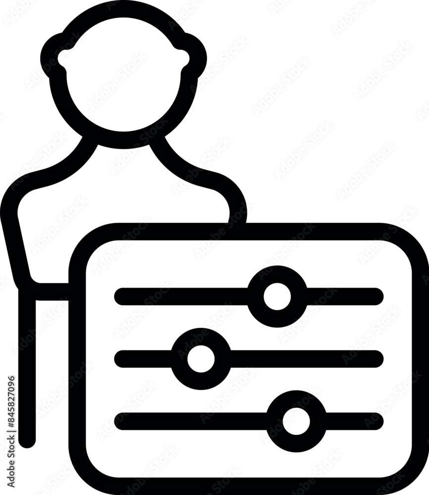 Poster line icon of an operator adjusting settings on a control panel with sliders and buttons