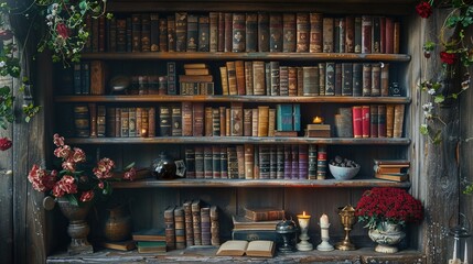 vintage studio photo backdrop with shelves full of books and candles 
