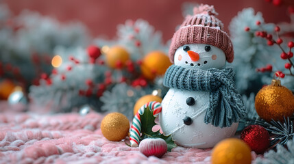 Obraz premium Christmas pattern with a snowman wearing cozy woollen hat and scarf, Christmas decorations, holly and candy canes. Merry Christmas and Happy New Year greeting card.