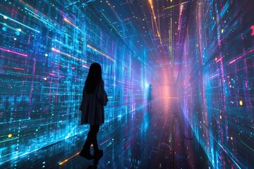 Woman standing in a room with a lot of lights, cyber space
