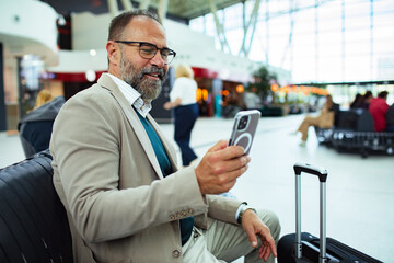 Smiling businessman using smartphone while sitting with luggage at train station