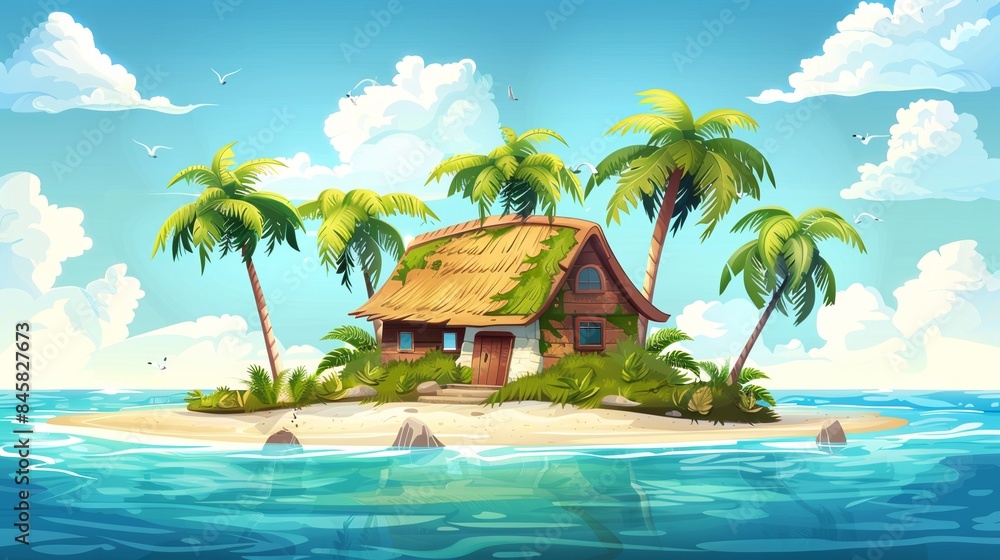 Canvas Prints Vector illustration of beautiful scenic landscape of tropical sea island with palm tree and house