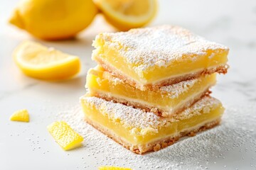 Newly made lemon squares with powdered sugar on white background with selective focus