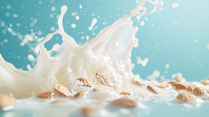 Organic Almond Milk. Almond nuts falling in almond splash, isolated on light blue background. Splash with almond nuts.