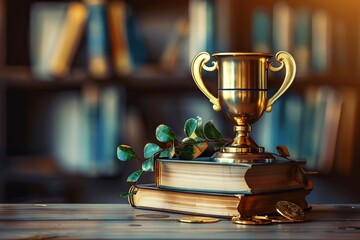 Victorious Academic Achievement - Golden Trophy atop a Stack of Books with Medal Accents