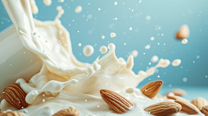 Organic Almond Milk. Almond nuts falling in almond splash, isolated on light blue background. Splash with almond nuts.