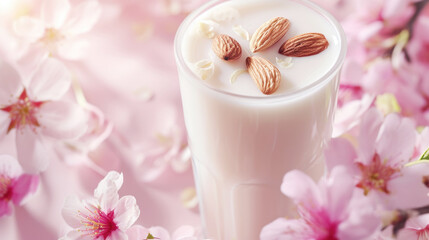 Organic almond milk in a glass beaker. Stands beside delicate flowers isolated on a light pink background.