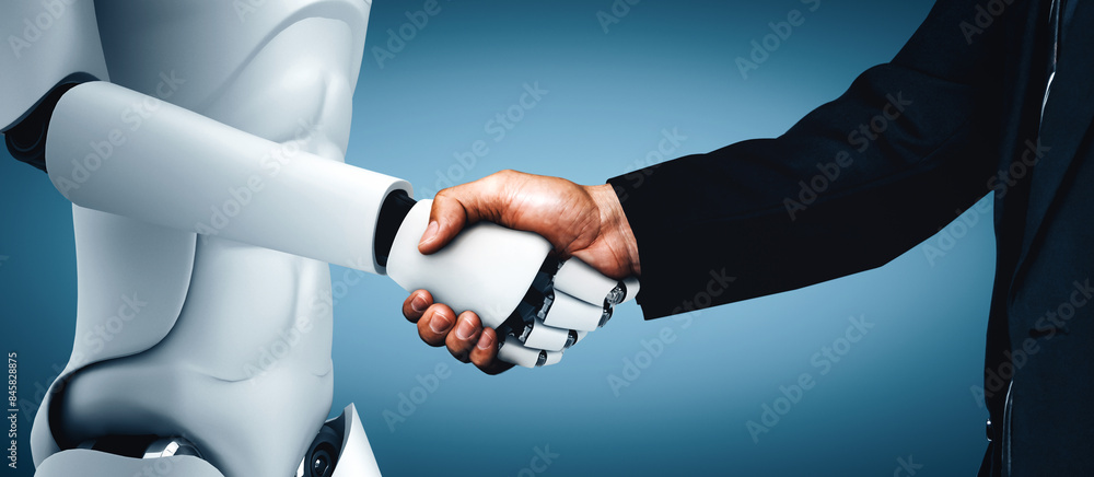 Poster mlp 3d illustration humanoid robot handshake to collaborate future technology development by ai thin