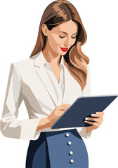 Beautiful professional working woman and tablet, clipart for inclusion of women in workplace, gender discrimination, technology, office, business, modern, creativity, success, career, job, digital, IT
