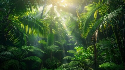 Deep tropical rainforest with green plants, moss, ferns.