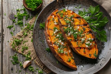 Oven baked sweet potato side dish with garlic herbs olive oil served on wooden table with copy space