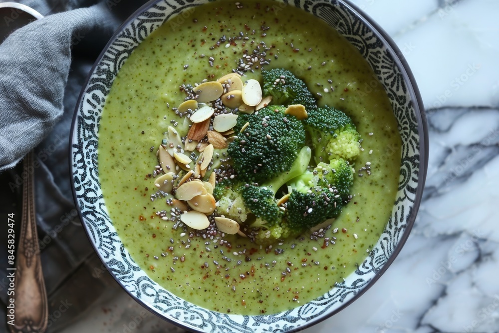 Wall mural Overhead shot of soup with broccoli and almonds - Wall murals
