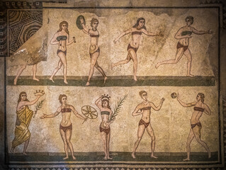 Bikini girls mosaics in Villa Romana del Casale, Piazza Armerina, Sicilia, Italy.