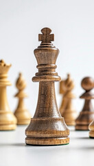 wide detailed closeup background banner photo of wooden chess pieces set with white copy space 