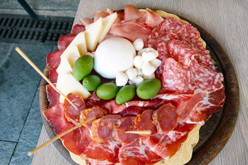 Italian Charcuterie Platter with Assorted Meats, Cheeses, Green Olives, and Fresh Mozzarella for Gourmet Dining